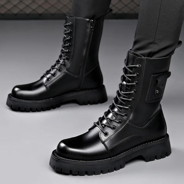 Bottes de la mode masculine Boots Boots noir élégant chaussures en cuir authentique fête de nuit robe haute plate-forme botte de plate-forme long knight botas