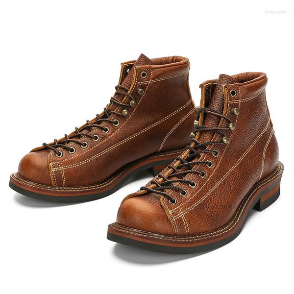 Botas de cuero genuino para hombres Hecho a mano 2023 Diseñador de invierno Vintage Cow Wide Toble Social Party Shops