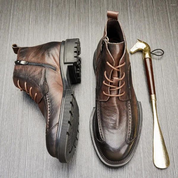 Botas de cuero para hombre, zapatos de fondo grueso con cabeza redonda, cómodas, antideslizantes, informales, con cremallera lateral, Botas cortas Masculinas