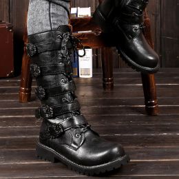 Bottes Boots de moto masculine Boucle de ceinture plus taille haute chaussures haut de gamme Laceup côté zip rond tête en cuir bottes botines de hombres