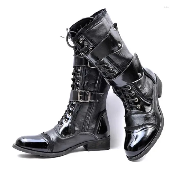 Bottes hommes moto gothique Punk Cosplay danse mi-mollet basique court militaire automne hiver sécurité travail chaussures mâle