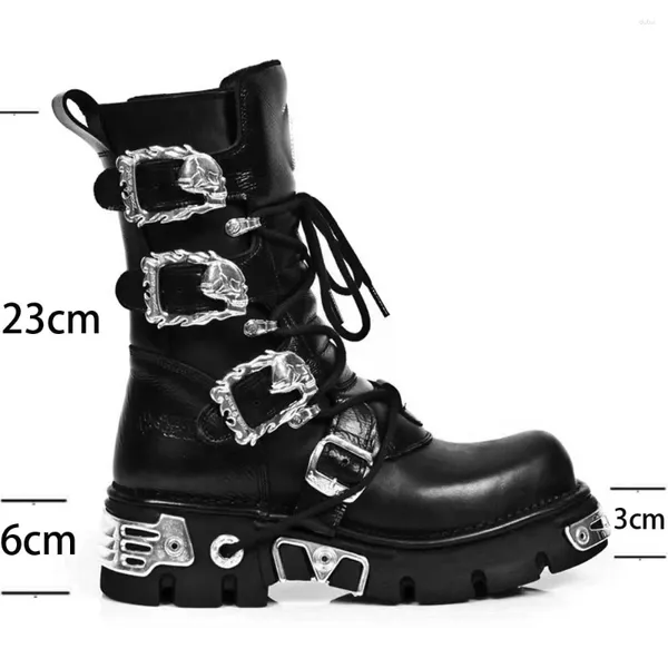 Botas Plataforma de motocicleta para hombre Tacón alto Hebilla de metal gruesa Media pantorrilla Cremallera militar Punk Goth Punta redonda Mujer