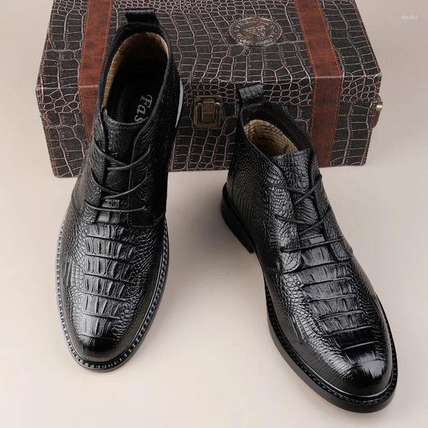 Bottes Chaussures Pour Hommes En Cuir Véritable Cheville Hommes Élégant Hiver Peluche Neige À Lacets Motif Crocodile Moto