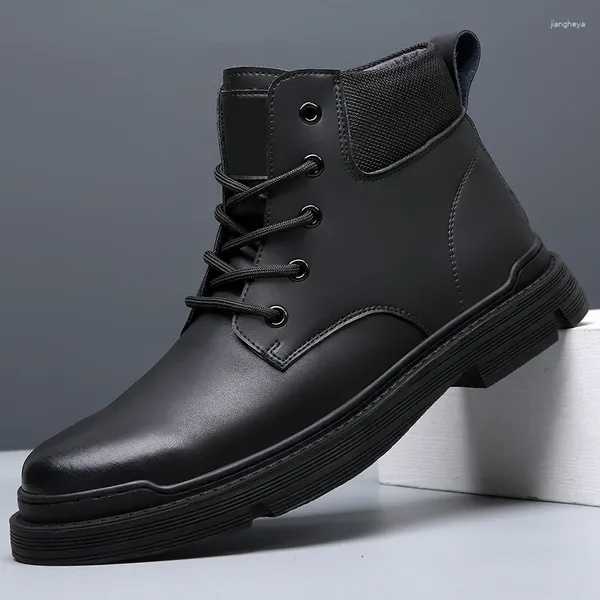 Botas de los hombres de fondo grueso punta redonda tobillo cómodo cuero corto para hombres zapatos casuales negro transpirable motocicleta