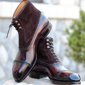 Boots Men Brun Brown Bullock Flock Laceup Square Toe Business Handmade Business Chevales pour avec Zapatos Hombre 230811