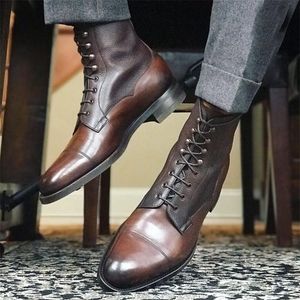 Botas cortas para hombre, color marrón, PU, cabeza redonda, tacón bajo, punta de ala, cordones, moda, versátil, informal, calle, exterior, zapatos de vestir diarios, 230320