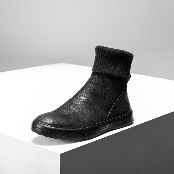 Bottes hommes chaussette en cuir de vache véritable sans lacet cheville haut de luxe baskets hiver Vintage tricot noir décontracté chaussures plates