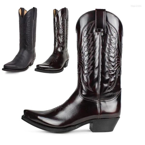 Boots Men Western Cowboy Femmes Pu Leather Chaussures brodées High Couple pointu à talons basse plus taille 35-48