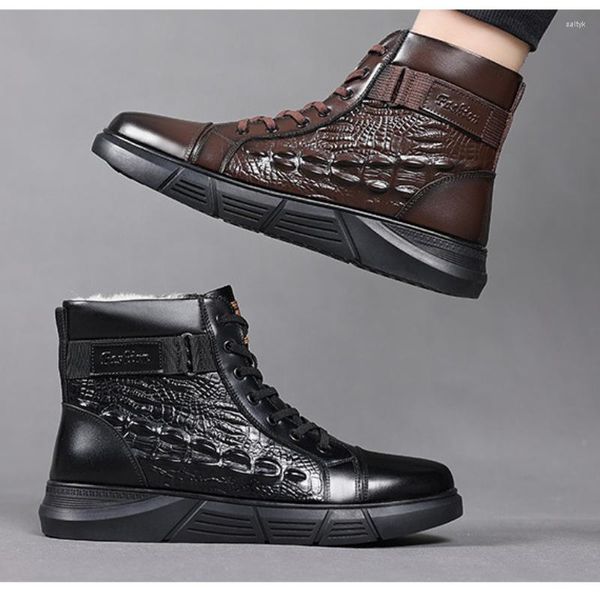 Botas de invierno para Hombre, zapatos de algodón con estampado de cocodrilo, zapatos de moda con cordones de estilo británico para jóvenes, Zapatilla tobillera cálida de felpa para Hombre