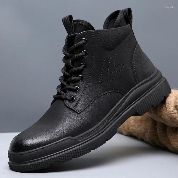 Botas Hombres Invierno Felpa Cálido Cómodo Casual Cordones Puntadas Hechas A Mano Cuero Clásico Moda Tobillo