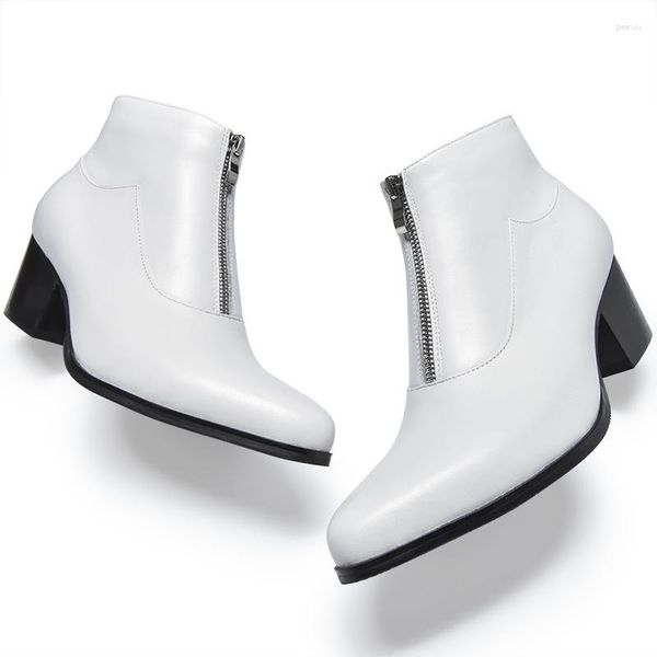 Bottes hommes mode automne hiver en cuir véritable noir blanc talon haut bout pointu chaussures habillées hommes bureau cheville