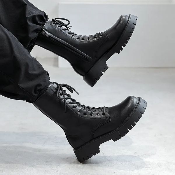 Bottes hommes mode moto bottes fête discothèque robe noir en cuir véritable chaussures haut top cowboy botte beau long botas zapatos 231216