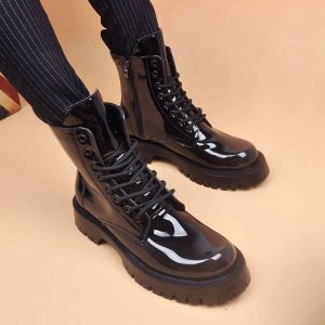 Boots Mens Luxury Fashion High Motorcycle Boots Patent Leather Shoes Party Night Club Robe Cowboy Platform Boot Cool Long Botas Hombre