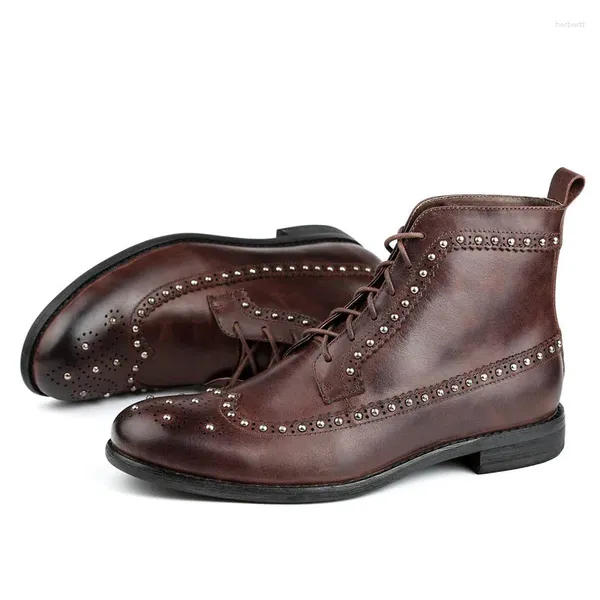 Botas para hombre Vintage vaca Retro cuero genuino con cordones motocicleta motorista punta redonda tobillo masculino tacón bajo punta de ala zapatos Brogue