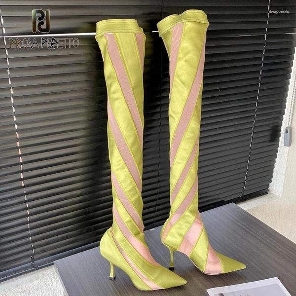 Bottes en mailles en soie creux de cuisse sexy high élastique glisser sur le genou mince talon pointu de piste d'orteil t-show chaussures couleur correspond bota