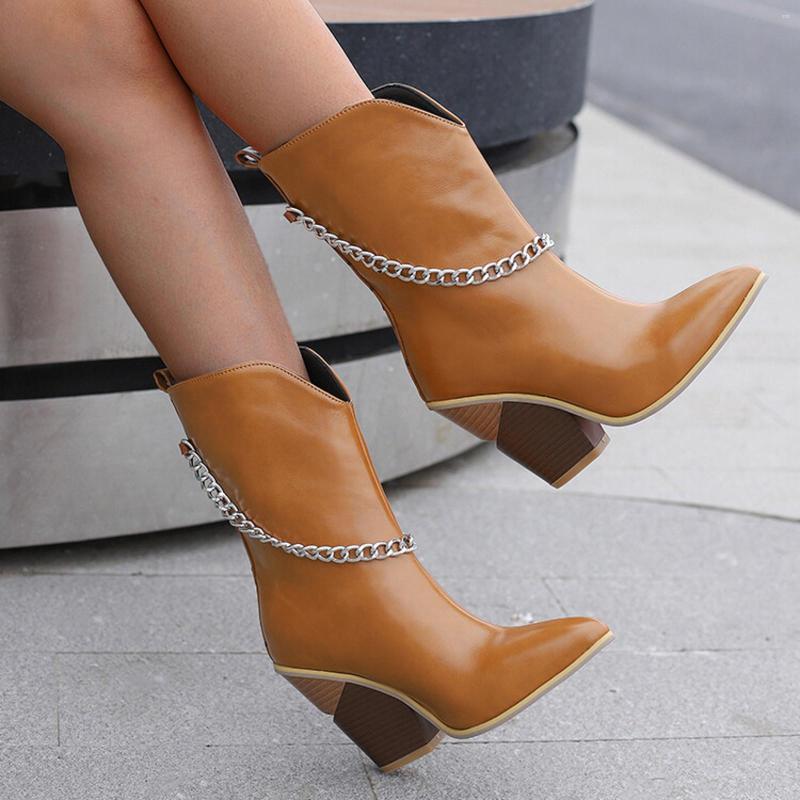 Boots Metal Chain Decor Ladies Fashion PU Leather Pointed Toe Thick High Heel Short Women Gothic Elegant Office Booties