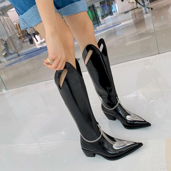 Bottes en métal décoration Cambat pour femmes genou haute en cuir véritable talons épais chaussures femme fête décontracté serré