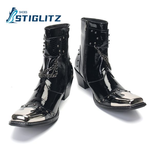 Botas de metal Punta estrecha Chelseas Remache Hebilla Cadena Estilo punk Tobillo Hombres Zapatos de cuero genuino 65Cm Tacón alto Corto 230818