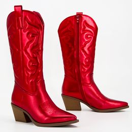 Bottes Cowboy Métallique Femme Bottes Western Pour Femmes Zip Brodé Bout Pointu À Talons Chaussures D'hiver Rose Rouge Or Métallique 230221