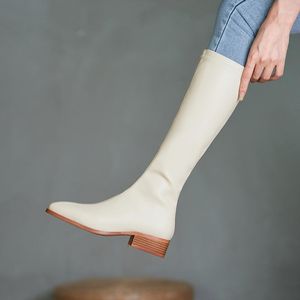 Laarzen MEZEREON Beknopte witte vierkante neus Dames Stretchstof Dij Hoge Dames Winterschoenen met ritssluiting TPR-bodem