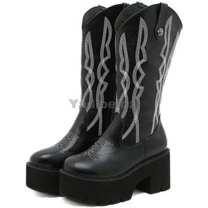 Boots Mid High Winter Knee Dames Kalf Boot Borduur Black Shoes Platform Western Riding Heel Chunky Shoe 922 31efa
