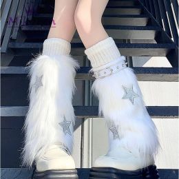Boots Mikumn Haruku Fashion White Furry Faux Bur Leg Warmer Socks Women Y2K Punk Cute Star Rivet Fluffy Pluche Winter Warm Boot Cover