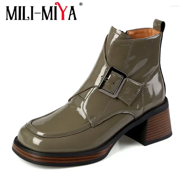 Bottes MILI-MIYA Mode Femmes Moutons En Cuir Verni Cheville Bout Rond Talons Épais Couleur Unie Grande Taille 34-40 Automne Hiver Chaussures