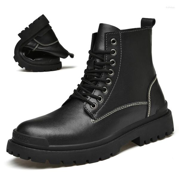 Botas militares tobillo hombres otoño invierno plataforma nieve moda cuero zapatos casuales masculino estilo punk con cordones motocicleta