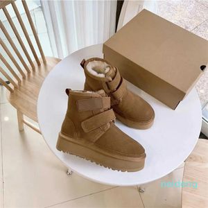 Botas Mini Plataforma Bota Diseñador Mujer Invierno Tobillo Nieve Grueso Fondo Cuero Cálido Piel esponjosa Piel de vaca Gancho Bucle