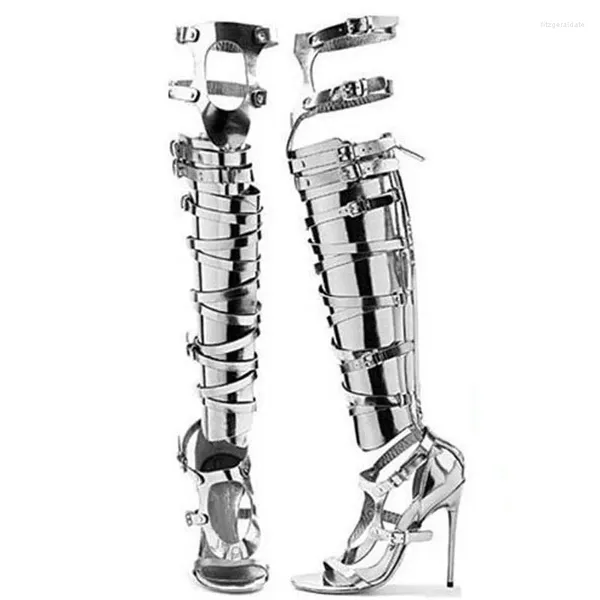 Bottes miroir en cuir brillant peep toe cuisses high rome sandals femmes creux sur les chaussures de fête de boucle de la dame du genou