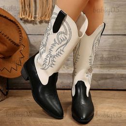 Botas Mix Color Bordado Western Cowboy Botas Mujeres Punta estrecha Tacones gruesos Botas altas hasta la rodilla Mujer suelta PU Cuero Botas largas Mujer T231025