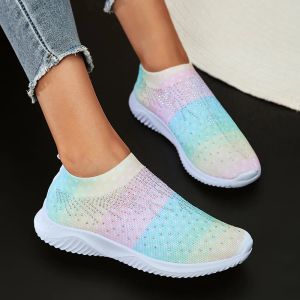 Bottes mélangent des baskets en cristal à tricoter pour femmes Slip décontracté sur des chaussures de marche en maille femme Soft Sole Sock Dance Sockers