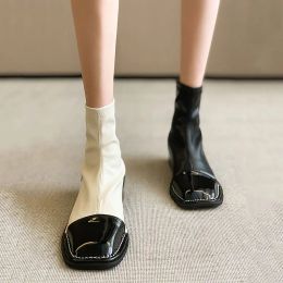 Boots Couleurs mélangées Boots Boots Femme Chaussures Japanned Le cuir carré Toe Chelsea Botines Zip Talons épaisses Midcalf Botas de Mujer