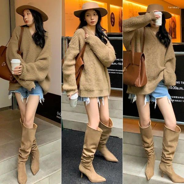 Bottes Mkkhou Fashion Femme Femmes Suede de haute qualité Points plissés à manches larges à talon