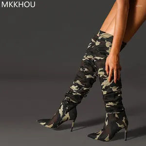 Laarzen mkkhou mode over-de-knie vrouwen camouflage puntige zijkant zipper stiletto 12 cm hoge hiel sexy all-match modern