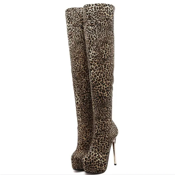 Botas Moraima SNC Plataforma de leopardo larga Cremallera Mujeres Muslo Alto Sobre la rodilla Tacón fino Otoño Invierno Zapatos sexy