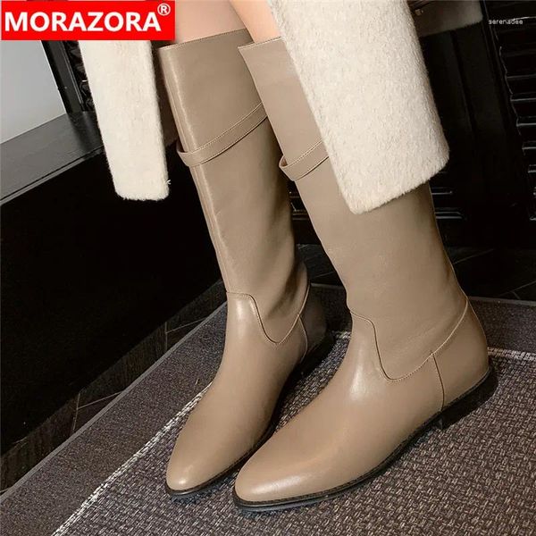 Boots Morazora 2024 Bureau des dames Slip au printemps automne carré talons bas chaussures en cuir authentique en cuir haut