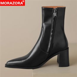 Boots Morazora Nouveau cuir divisé en cuir de haute qualité Boots pour les femmes Poighed Toe Zipper Chunky High Talons d'automne Boots Big Taille 3443
