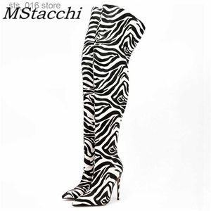 Laarzen MStacchi 2023 Nieuwe Vrouwen Over De Knie Hoge Hakken Laarzen Sexy Dames Zebra Stijl Puntschoen Stiletto Hakken Lange Botas Femininas T230824