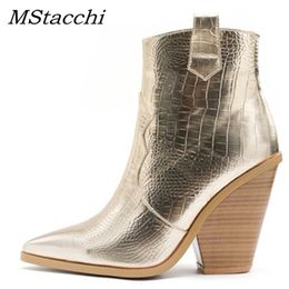 Laarzen MStacchi Goud Snake Print Enkellaarsjes Voor Vrouwen Wedge Hoge Hakken Laarzen Vrouw Runway Design Chunky Heels Botas Mujer Westerse laars 230809