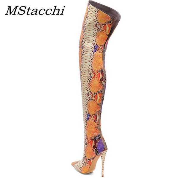 Botas MStacchi Plus Tamaño 34-45 Mujer sobre la rodilla Sexy Punta puntiaguda Piel de serpiente Tacones altos Fiesta Ladeis Zapatos Botas Mujer 220906