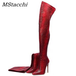 Bottes MStacchi Sexy sur le genou bottes hautes femmes en cuir extensible peau de serpent bout pointu longues Booes femme hiver Zip talons hauts pompes T221028