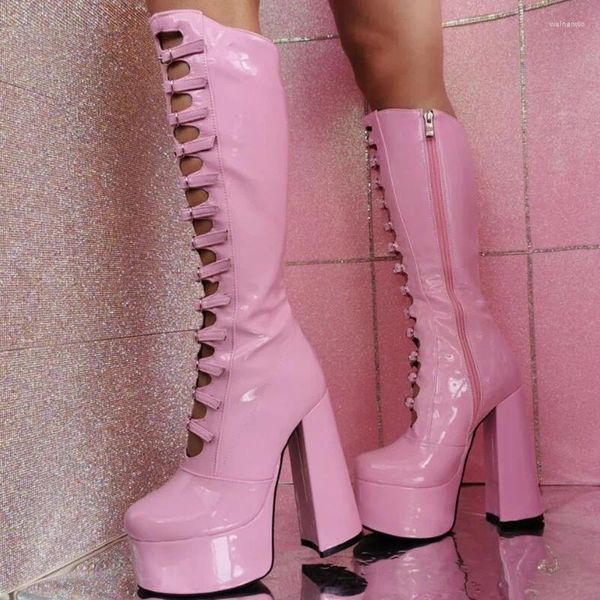 Botas múltiples correa de hebilla rodilla alto rosa rosa patente de patente plataforma redonda de punta redonda tacones gruesos muslos