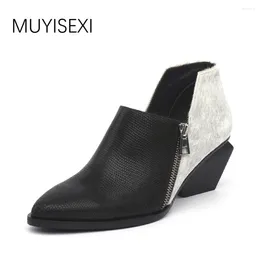 Boots MUYISEXI Autumn For Women Genuine Leather Horsehair Pointed Toe Irregular Square Heels Slip-On Ankle 34-41 HL04