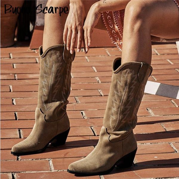 Botas de ante natural bordado mujer cuero hecho a mano puntiagudo punta tacón otoño invierno vaquero occidental retro botas 221122