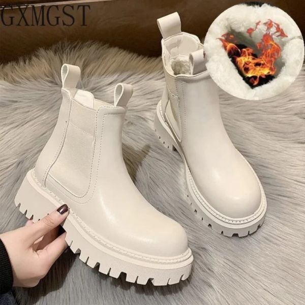 Botas nuevas botas de invierno de otoño para mujeres plataforma marrón negro beige botas blancas para mujeres pelaje corta grueso zapato punk gótico