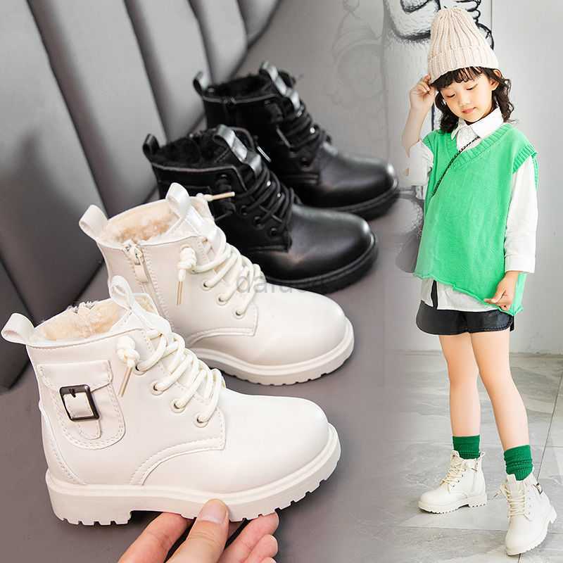 Boots New Boys Girls Martin Boots Fashion All-match Children's Boots Autumn Winter Plush Warm British Style Soft Kids Leather Boots L0824