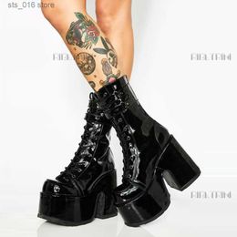 Bottes Nouvelle marque de luxe plate-forme de créateur talons hauts épais Goth femmes bottes à lacets fermeture éclair boucle mode Punk dames chaussures taille 43 T230824
