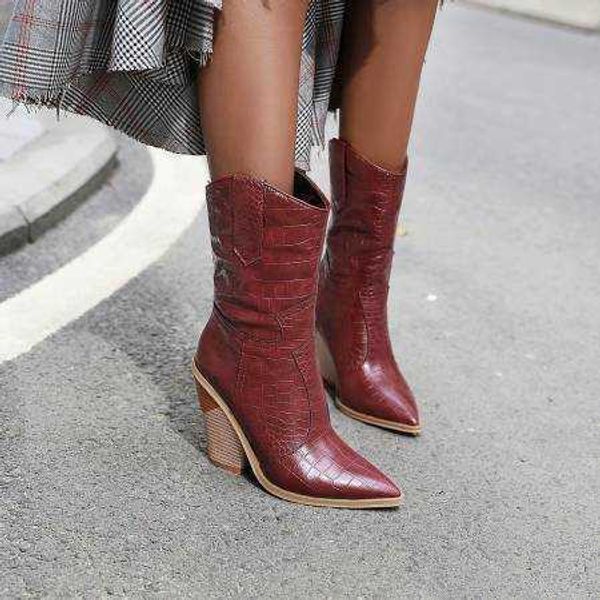 Bottes de cowboy occidentales brodées classiques pour femmes, chaussures en cuir à talons hauts, mi-mollet, T221010