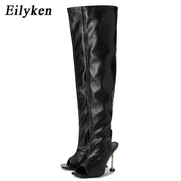 Bottes Nouveau Design Blanc Noir Peep Toe Sur Le Genou Bottes Mode Piste Sexy Zip Femme Découpé Mince Talons Hauts Chaussures 220913